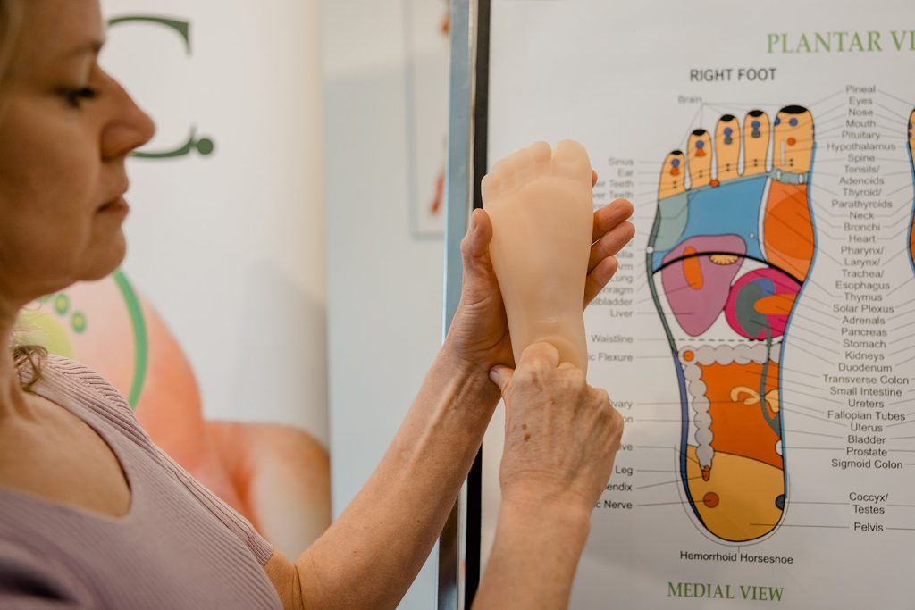 Michele Mork with Reflexology Foot Chart and model foot